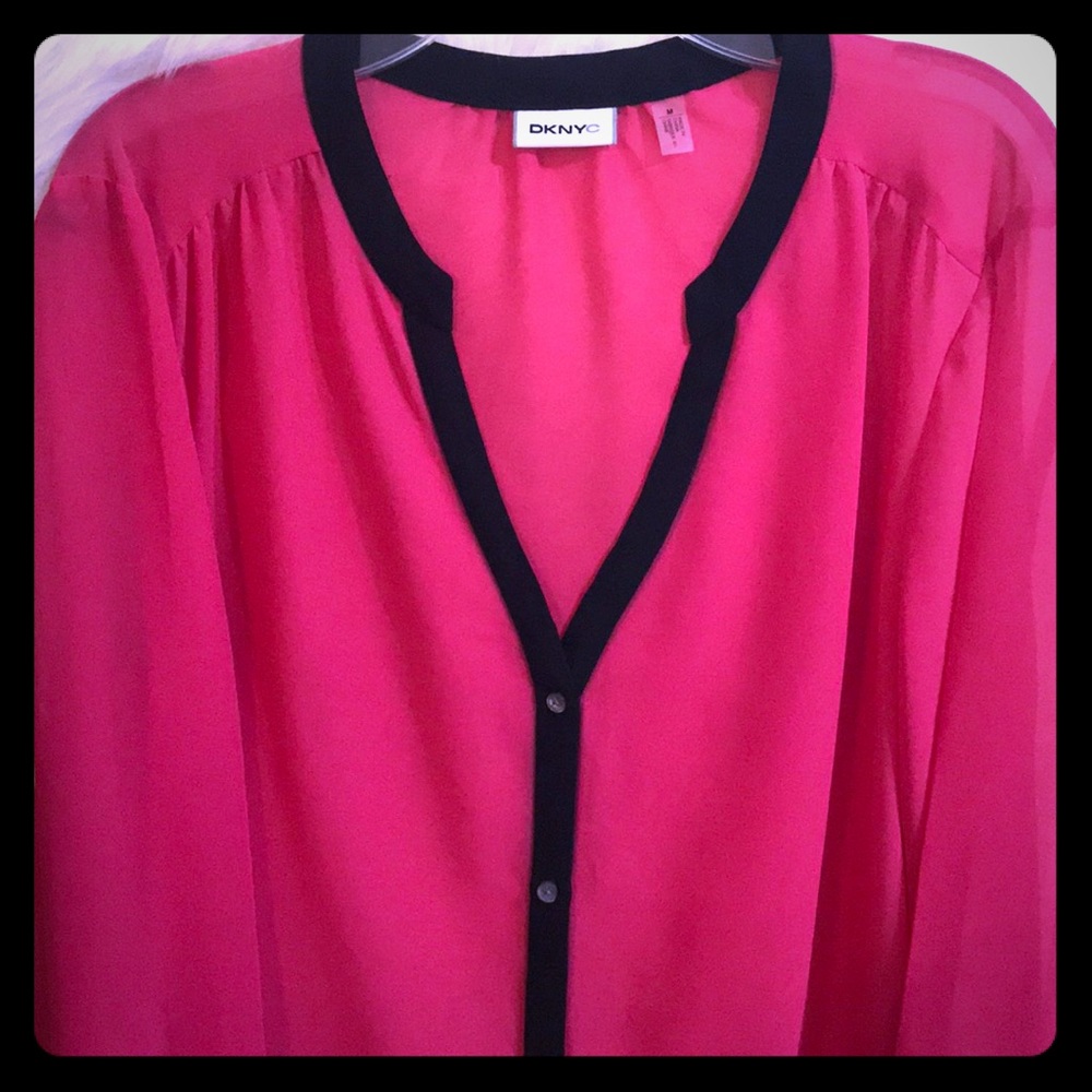 DKNYC - Sheer Hot Pink Button Up Blouse M